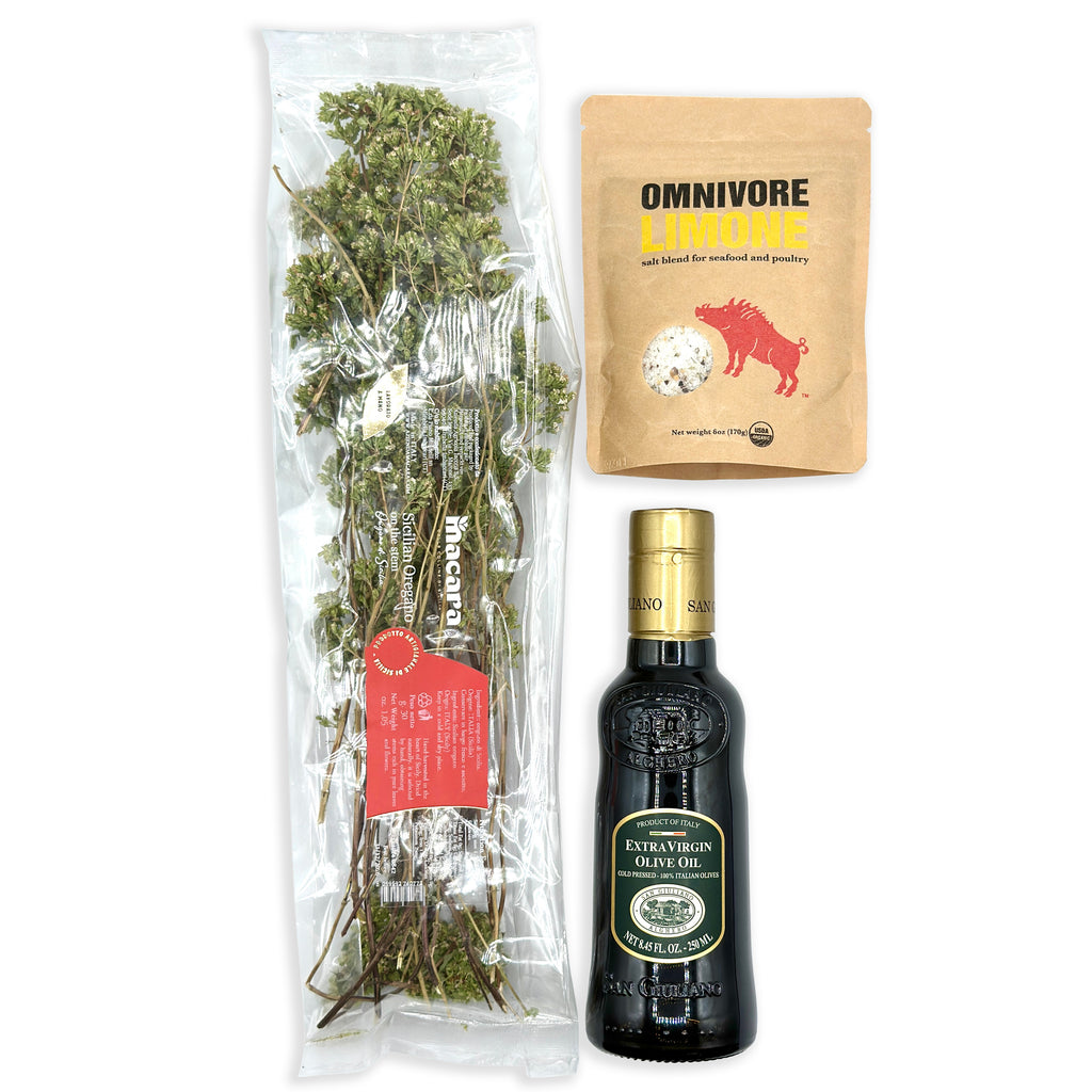 1- 6 oz bag of Omnivore Limone+ 1-bag of  Maraca Sicilian Oregano on the stem + 1 8.45 oz bottle of Extra Virgin Olive oil