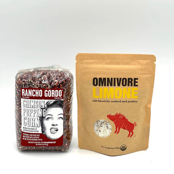 I- 16 oz bag of Rancho Gordo Crimson Popping Corn and 1- 6 oz bag of Omnivore Limone blend