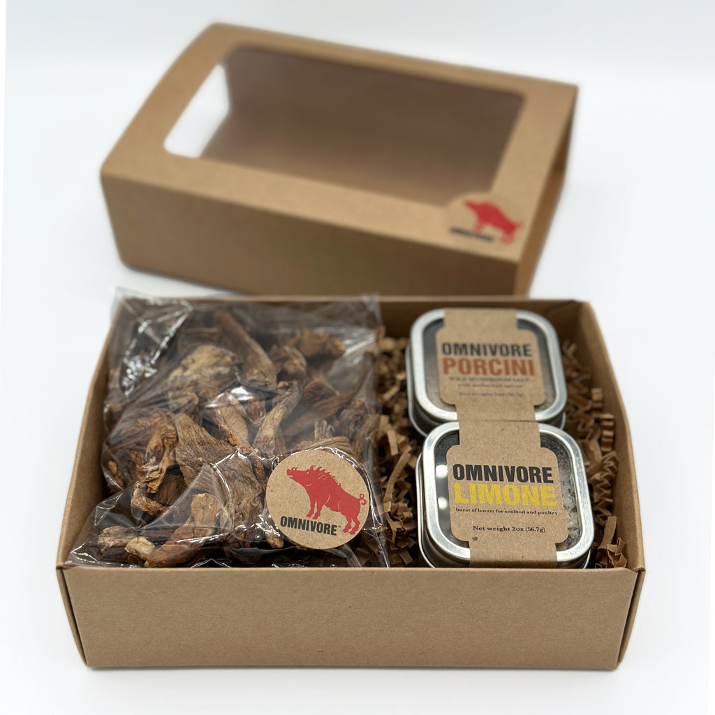 1- 1 oz bag of dried wild porcini mushrooms + 1- 2 o tin of Omnivore Limone and 1- 2 oz tin of Omnivore Porcini