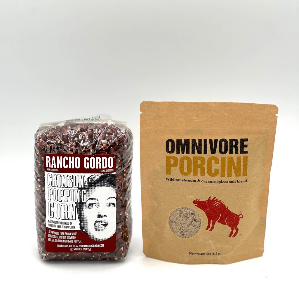 I- 16 oz bag of Rancho Gordo Crimson Popping Corn and 1- 6 oz bag of Omnivore Porcini blend