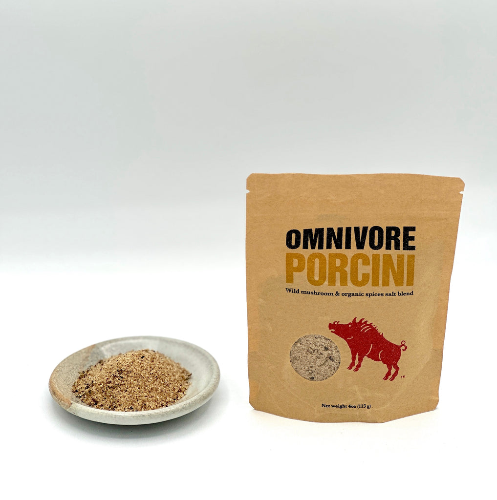 This photo has 1 -hand crafted, small, white and grey ceramic dish. + 1- 6 oz bag of  Omnivore Porcini.