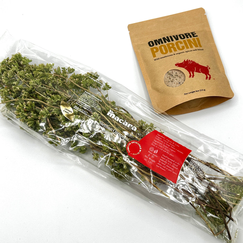 1- 4 oz bag of Omnivore Porcini + 1-bag of  Maraca Sicilian Oregano on the stem